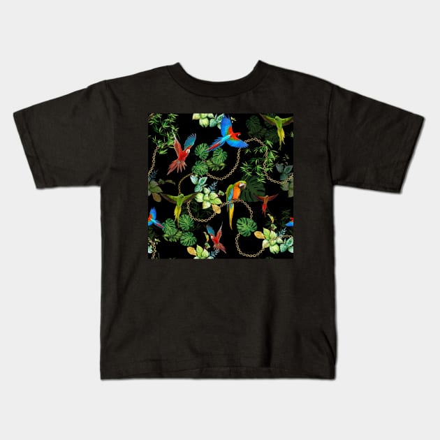 Parrots with gold chains and tropic leaves Kids T-Shirt by ilhnklv